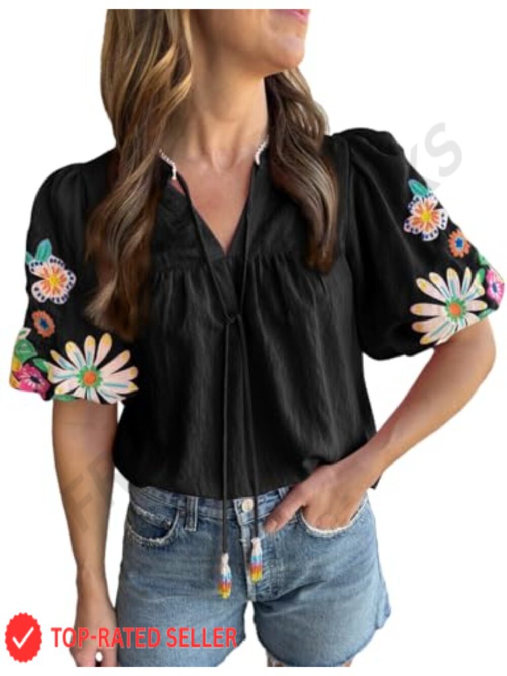 Women's Floral Embroidered V Neck Puff Sleeve Boho Peasant Tunic Top